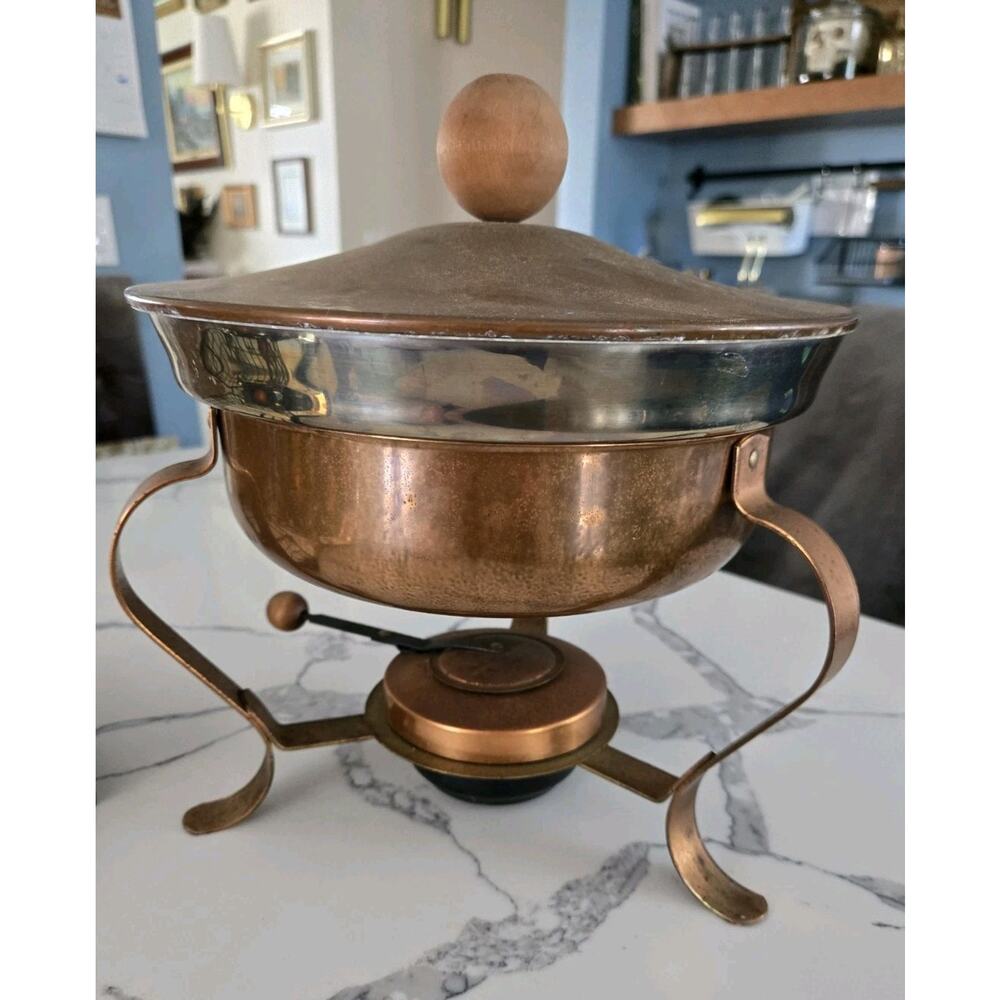 Beautiful Vintage copper Chafing Dish with Lid, Burner, stand, & Wooden Handles